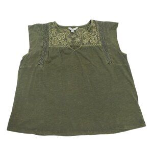 Lucky Brand Green Embroidered Sleeveless Top S/P Lightweight Boho Style, NWOT